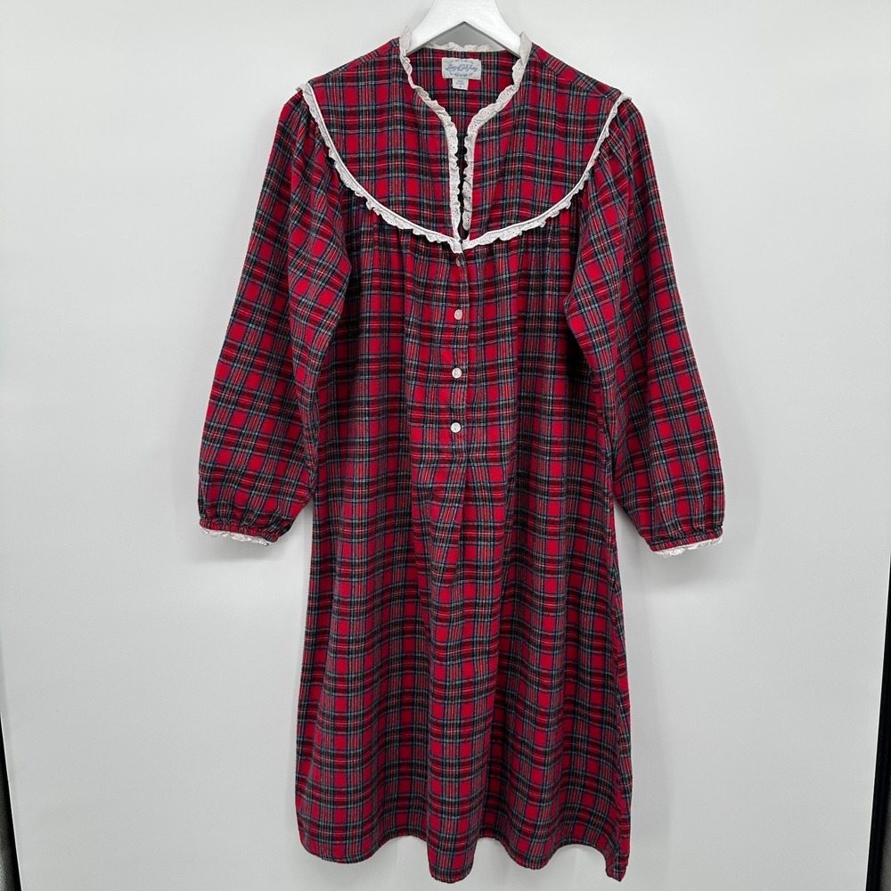 Vintage Lanz of Salzburg Nightgown Medium Flannel Red Plaid Cottagecore Prairie